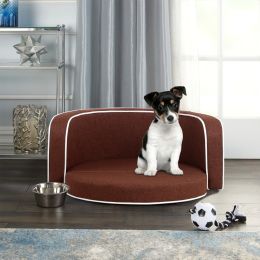 30" Brown Round Pet Sofa, Dog sofa, Dog bed, Cat Bed, Cat Sofa, with Wooden Structure and Linen Goods White Roller Lines on the Edges Curved Appearanc (Color: Brown)