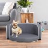 30" Brown Round Pet Sofa, Dog sofa, Dog bed, Cat Bed, Cat Sofa, with Wooden Structure and Linen Goods White Roller Lines on the Edges Curved Appearanc
