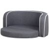 30" Brown Round Pet Sofa, Dog sofa, Dog bed, Cat Bed, Cat Sofa, with Wooden Structure and Linen Goods White Roller Lines on the Edges Curved Appearanc